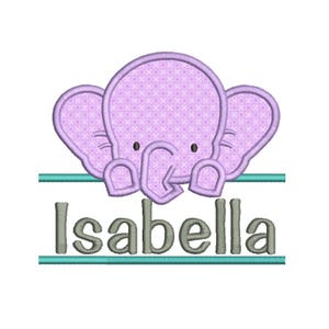 May include: Purple elephant embroidery design with the name "Isabella" underneath.