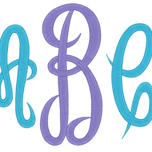 Op de afbeelding: Drie cursieve letters, A, B en C, in een monograamstijl. De letter A is lichtblauw, de letter B is paars en de letter C is turquoise.