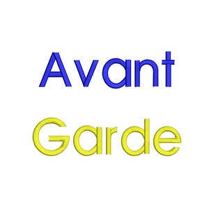 May include: Avant Garde text in blue and yellow embroidery.