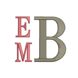 May include: A monogram design with the letters "EB" in gray and "EM" in pink.