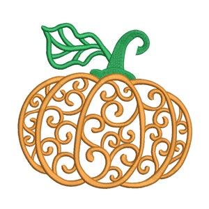 May include: A decorative pumpkin with a swirling, filigree design in orange. The pumpkin has a green stem and leaf.