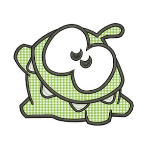 May include: Green cartoon monster with large eyes and a gingham pattern. The monster has a wide mouth with teeth and a small arm.