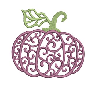 May include: A purple and green decorative pumpkin with a swirling, filigree design. The pumpkin is a traditional autumnal symbol.