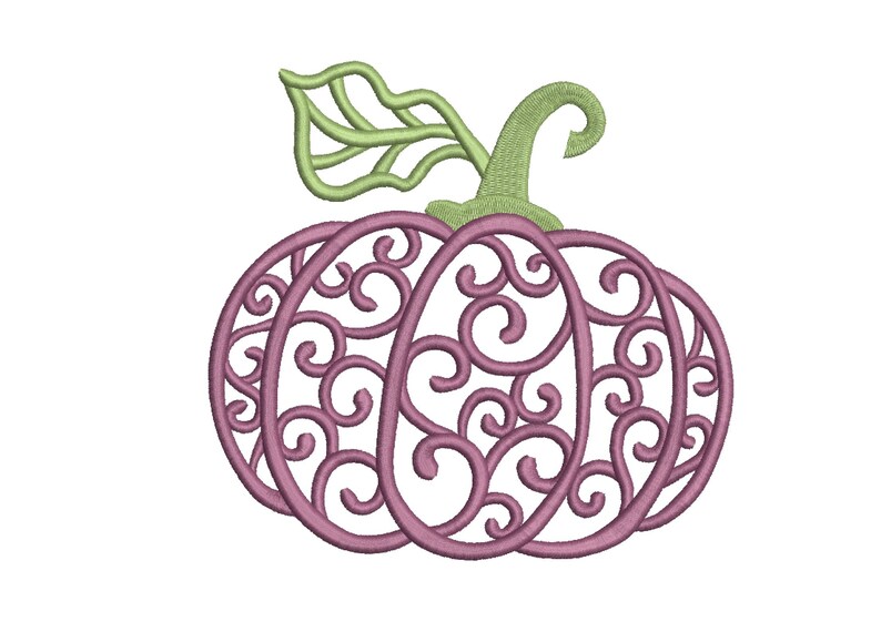 May include: A purple and green decorative pumpkin with a swirling, filigree design. The pumpkin is a traditional autumnal symbol.