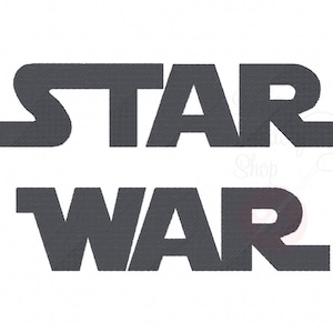 Könnte beinhalten: Ein schwarz-weißes Grafikdesign des Textes "STAR WARS" in einer fetten, stilisierten Schriftart.