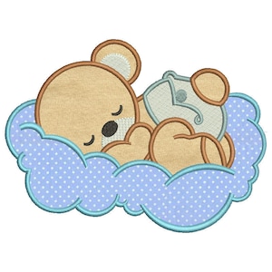 May include: A brown teddy bear with closed eyes is sleeping on a blue cloud with white polka dots. The cloud has a blue outline.