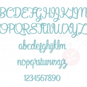May include: A complete alphabet and number set in a cursive font, embroidered in a light teal color. The uppercase and lowercase letters, along with numbers 0-9, are displayed on a white background. The image is suitable for embroidery projects.