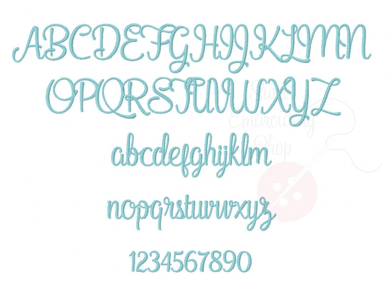 May include: A complete alphabet and number set in a cursive font, embroidered in a light teal color. The uppercase and lowercase letters, along with numbers 0-9, are displayed on a white background. The image is suitable for embroidery projects.