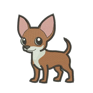 May include: A cartoon illustration of a brown and white chihuahua with big eyes. The chihuahua is standing on all four legs with its tail curled up.
