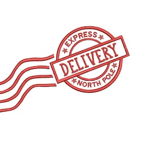 Puede incluir: Un sello rojo y blanco con el texto "EXPRESS DELIVERY NORTH POLE" y una línea ondulada roja que sale del lado derecho del sello.