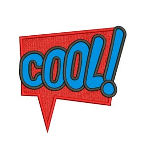 May include: A red speech bubble with a blue outline and the word "COOL!" in blue letters with a black outline.