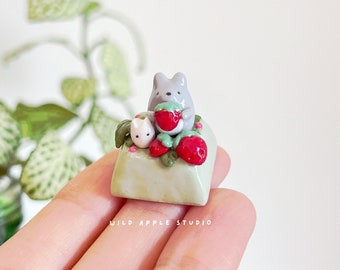 Strawberry Field Totoro Artisan Keycap | My Neighbor Totoro | Artisan Keycaps | Handmade | Studio Ghibli Keycap | Totoro Gifts