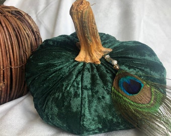 Large Velvet pumpkin with peacock feather and real stem | Thanksgiving Pumpkin | Autumn Fall Velvet Pumpkin | Green Pumpkin