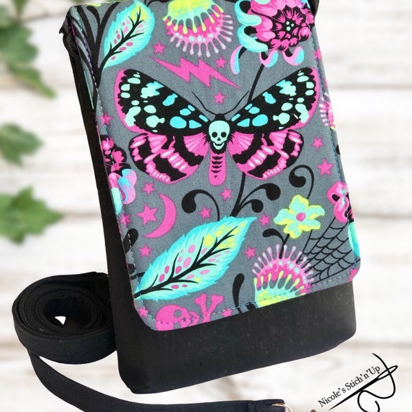 FAB SLIM BAG~Cell Phone Bag made w Tula Pink De La Luna Venus Fabric & Cork Fabric Crossbody Bag~Credit Card Slots~