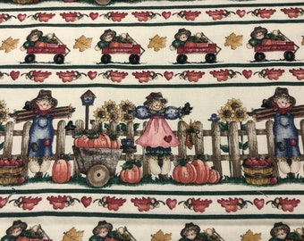 Diana Marcum Pumpkin Patch Border Print Cotton Fabric Scarecrows Pumpkins Wagons Sunflowers Marcus Fabrics 1 7/8 Yards