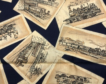 Locomotive Trains Postcard Cotton Fabric Tan Black & Navy Background Novelty Quilt Sew Retired BTY