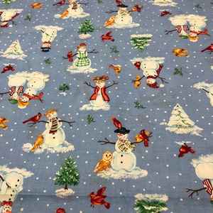 Delantal y chaleco de tela de algodón con diseño de muñecos de nieve y mujeres de nieve, pájaros, árboles en azul con lunares blancos, colección Cranston, retirado, BTY