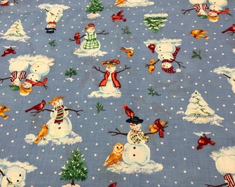 Snowmen & Birds Cotton Fabric: Cranston Collection, Blue Winter Print