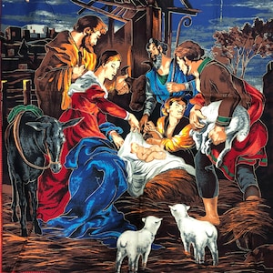 Religious Nativity Fabric Panel Baby Jesus, Mary, Joseph, Angel, Wise Men, Animals, Starry Night VIP Cranston 2004  1 Yard