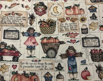 Diana Marcum Autumn Harvest Patchwork Print Cotton Fabric Scarecrows Pumpkins Apples Birdhouses Words Marcus Fabrics BTY