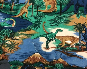 Dinosaurs Cotton Fabric Palm Trees Water Mountains Multicolor Juvenile Kids Fabric Traditions 16 X 45