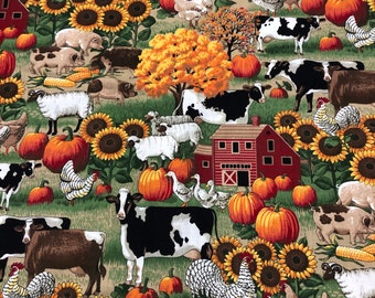 Vintage Autumn Farm Life Homestead Cotton Fabric Sunflowers Cows Farm Animals Autumn Leaves The Kesslers Concord Fabric 1 7/8 Yard Retired