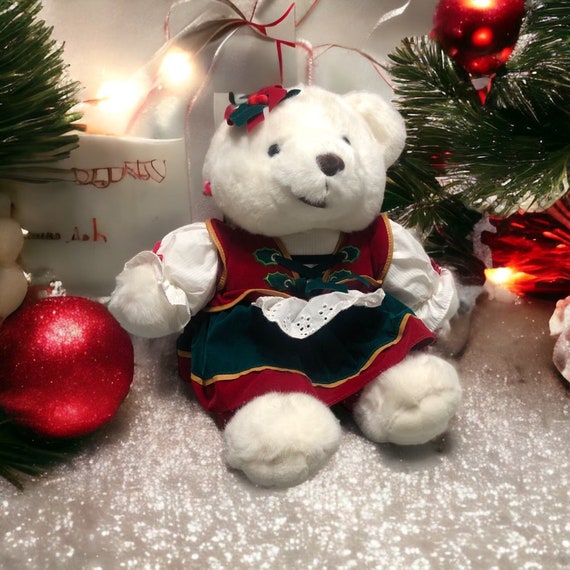 glass 7, Mama bear Christmas ornament Wearing red coat w/ fur trim, knit  scarf