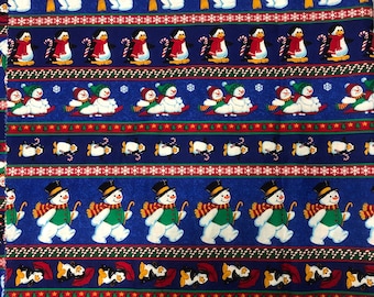 Snowmen And Penguins Striped Christmas Cotton Fabric Joan Messmore VIP Cranston 1990's By The Yard