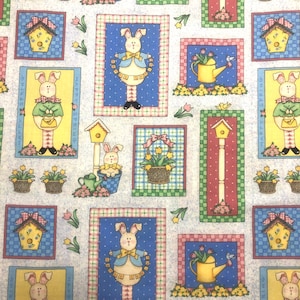 Tela de algodón Vintage Daisy Kingdom Happy Spring Patch con conejito de Pascua y casita para pájaros, Sandi Gore, Evans Springs Industries, 1 3/8 yardas.