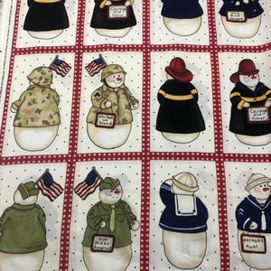 Snow Heroes Cotton Fabric: Military Snowmen Quilt Blocks, 1 5/8 Yards