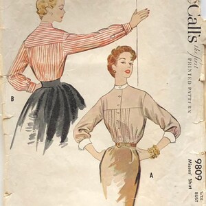 McCalls 9809 Vintage 1954 Blus med knappar och veck framtill Storlek 14 Byst 32