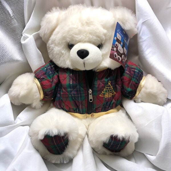 Chrisha Playful Plush White Boy Teddy Bear Plaid Christmas Jacket Plaid Paw Pads 14 Inch Vintage 80's With Hang Tag