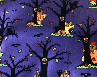 Halloween Fun Ghosts And Goblins Bats Black Cats & Pumpkins Cotton Fabric Deep Purple Orange Yellow Green BTY