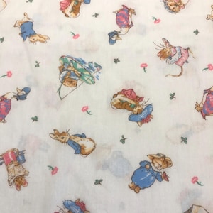 Beatrix Potter Vintage Cotton Fabric Peter Rabbit Jemima Duck Mrs. Tittlemouse Benjamin Bunny Toss Pastels On White By The Yard