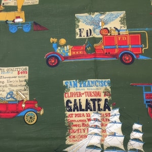 Vintage 60s Indian Head Fabric Old Time Transportation Firetruck Clipper Ship Car Train Home Decor