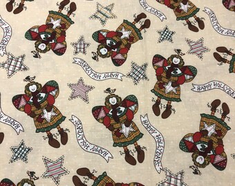 Happy Holidays Primitive Patchwork Angels Stars Banners Beige Background BTY