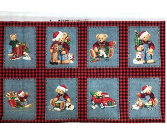Daisy Kingdom Blue Jean Teddy Christmas Blocks Red Black Checked Border By The Half Yard  Pattern 1081