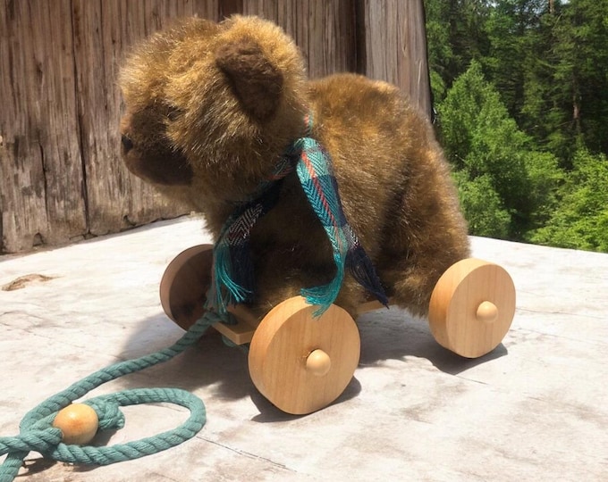 Applause Plush Bear Pull Toy Vintage 1986 Wood Wheels Nostalgic Childrens Gift