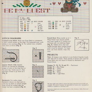 May include: A vintage cross-stitch pattern chart featuring a pineapple and a teddy bear design. The chart includes stitch diagrams, color keys, and project instructions. The text on the chart reads "EML EST".