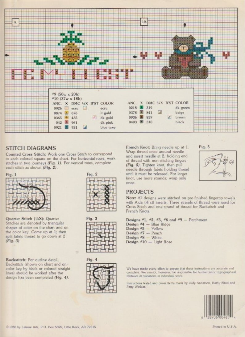 May include: A vintage cross-stitch pattern chart featuring a pineapple and a teddy bear design. The chart includes stitch diagrams, color keys, and project instructions. The text on the chart reads "EML EST".