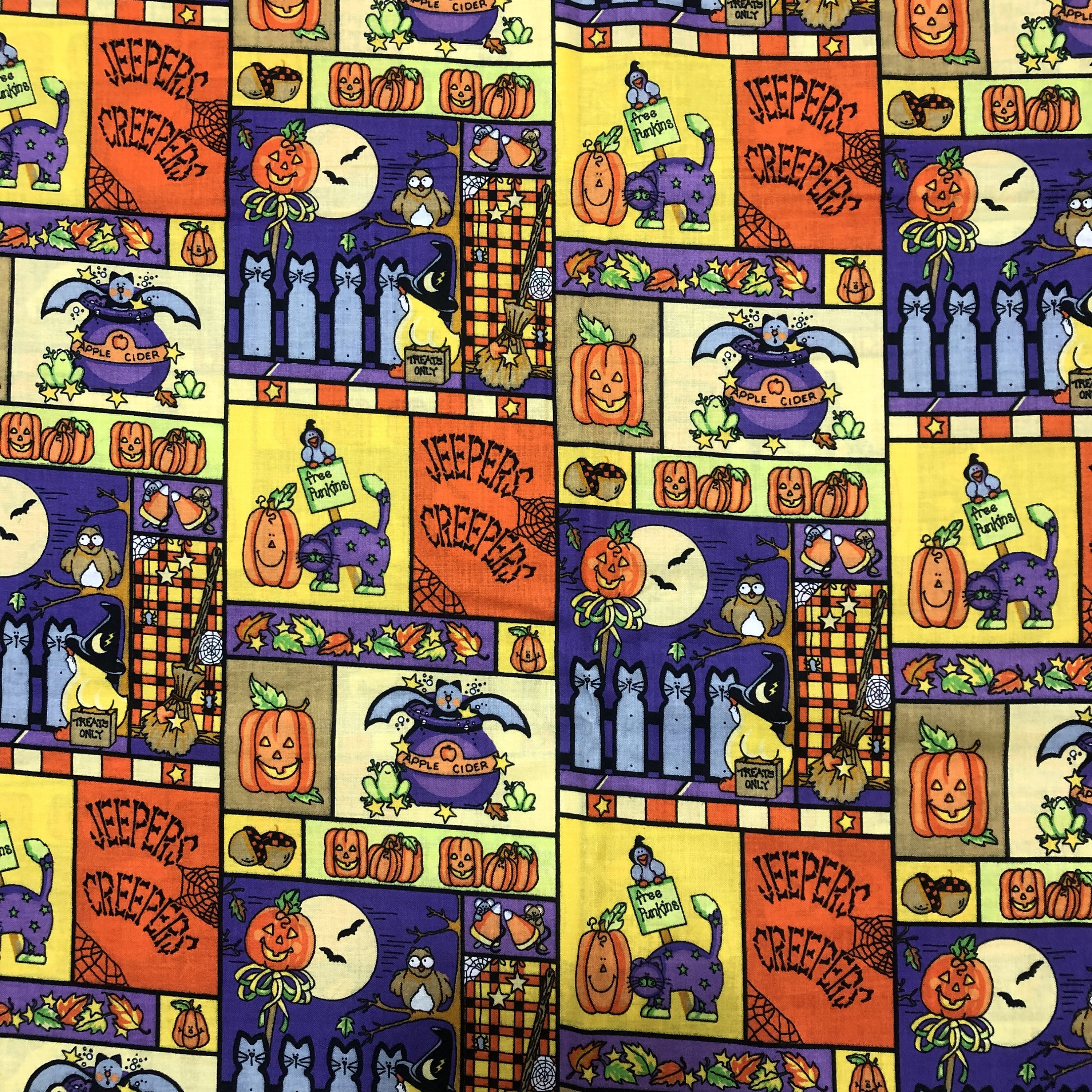 Springs Creative Jeepers Creepers Halloween Patchwork Cotton Fabric Bats Pumpkins Cats Colorful BTY Vintage 90's