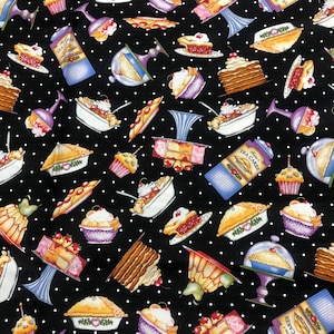 Babeczki Sweet Tooth Pies Torty Na Czarnym Z Białymi Kropkami Tkanina Bawełniana 35 X 44