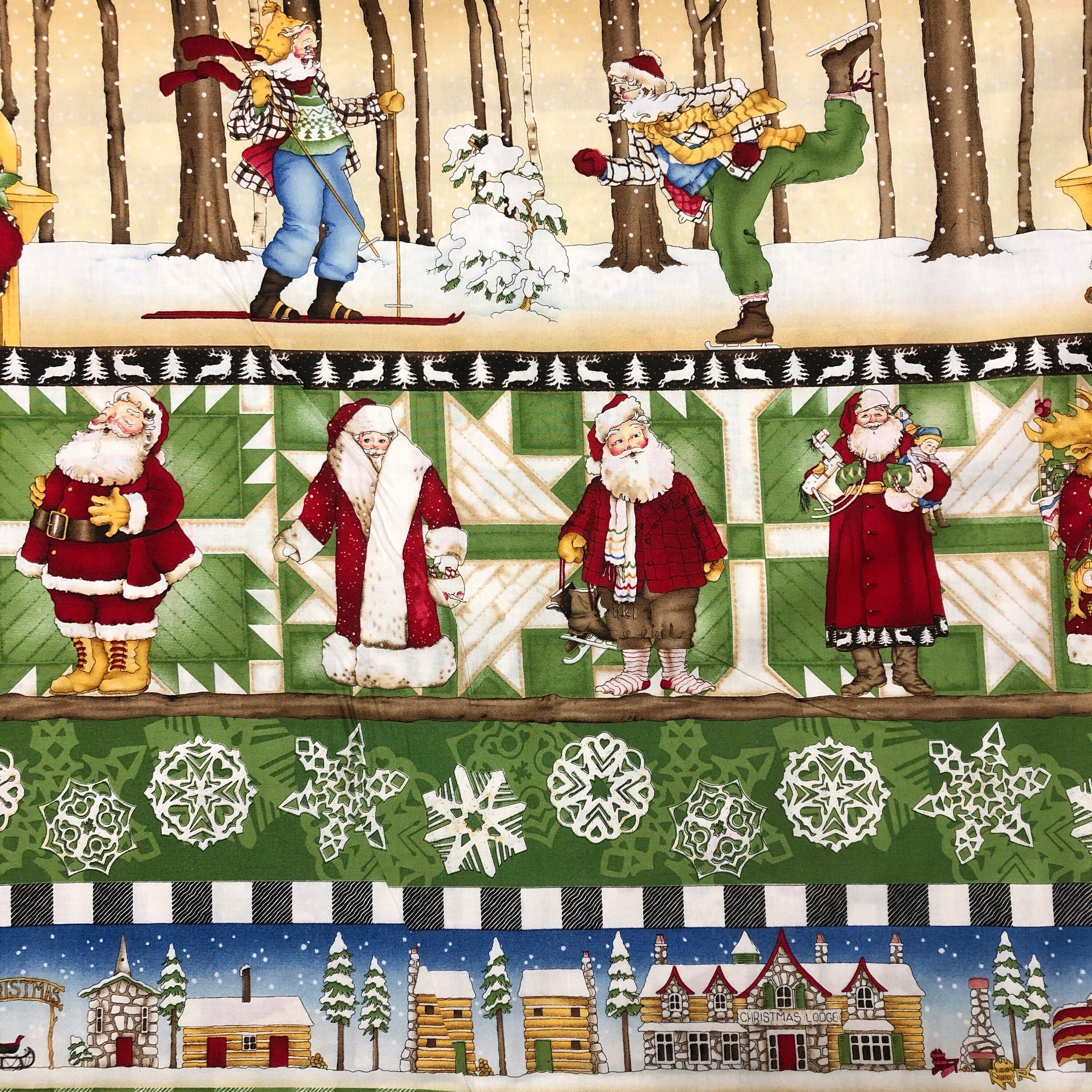 Camp Christmas Stripes Cotton Fabric JWF Studio's Santa Skiing Moose Lodge Snowflakes OOP BTY