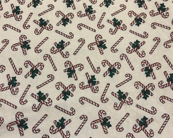 Christmas Candy Canes With Green Bows On Beige Cotton Fabric Vintage Marcus Bros Textiles 34 X 44