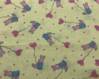 Dressed Bunnies With Heart Balloons Pink And Blue On Yellow Cotton Fabric Carol Eldridge Designs Weilwood Designs Vintage 90's 1 3/8" Yard