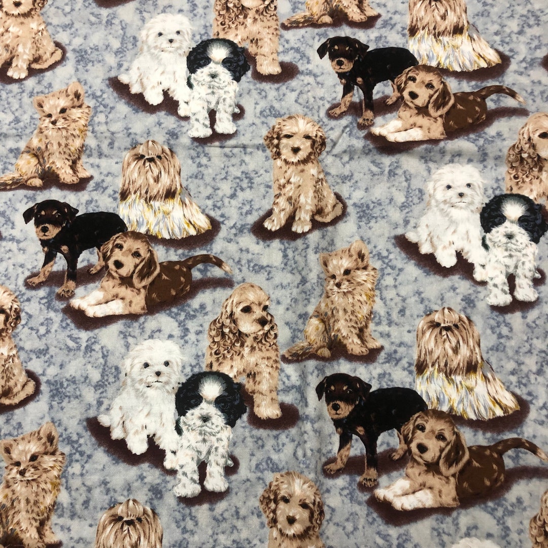Puppy Dogs on Gray Blue Background Cotton Fabric Retired Joann Fabrics