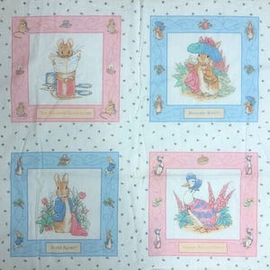 Beatrix Potter Vintage Cotton Fabric Squares Peter Rabbit Jemima Duck Mrs. Tittlemouse Benjamin Bunny Pastels On White Set Of 4 Blocks