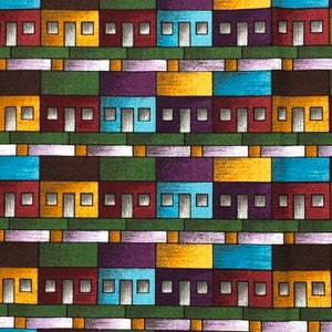 Puede incluir: Un patrón repetitivo de formas geométricas coloridas, que se asemeja a un horizonte urbano. El patrón presenta cuadrados y rectángulos en tonos de marrón, verde, morado, amarillo, azul y rojo.