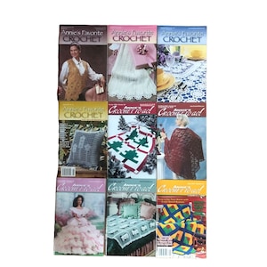 May include: A collection of nine crochet magazines featuring various patterns and projects. The magazines are titled "Annie's Favorite Crochet" and "Annie's Crochet to Go!" The covers feature a variety of crochet projects, including a vest, a shawl, a tablecloth, a pillow, a quilt, a blanket, a doll dress, a bedspread, and a baby blanket.