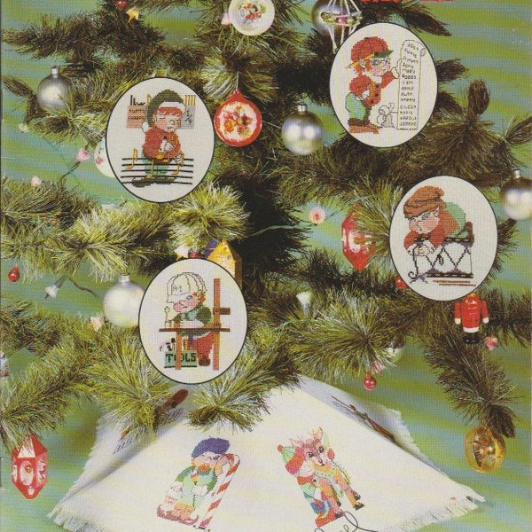 Santa's Elves Counted Cross Stitch Ornaments And Tree Skirt Leaflet Vintage 1982 Mary Ellen Designs